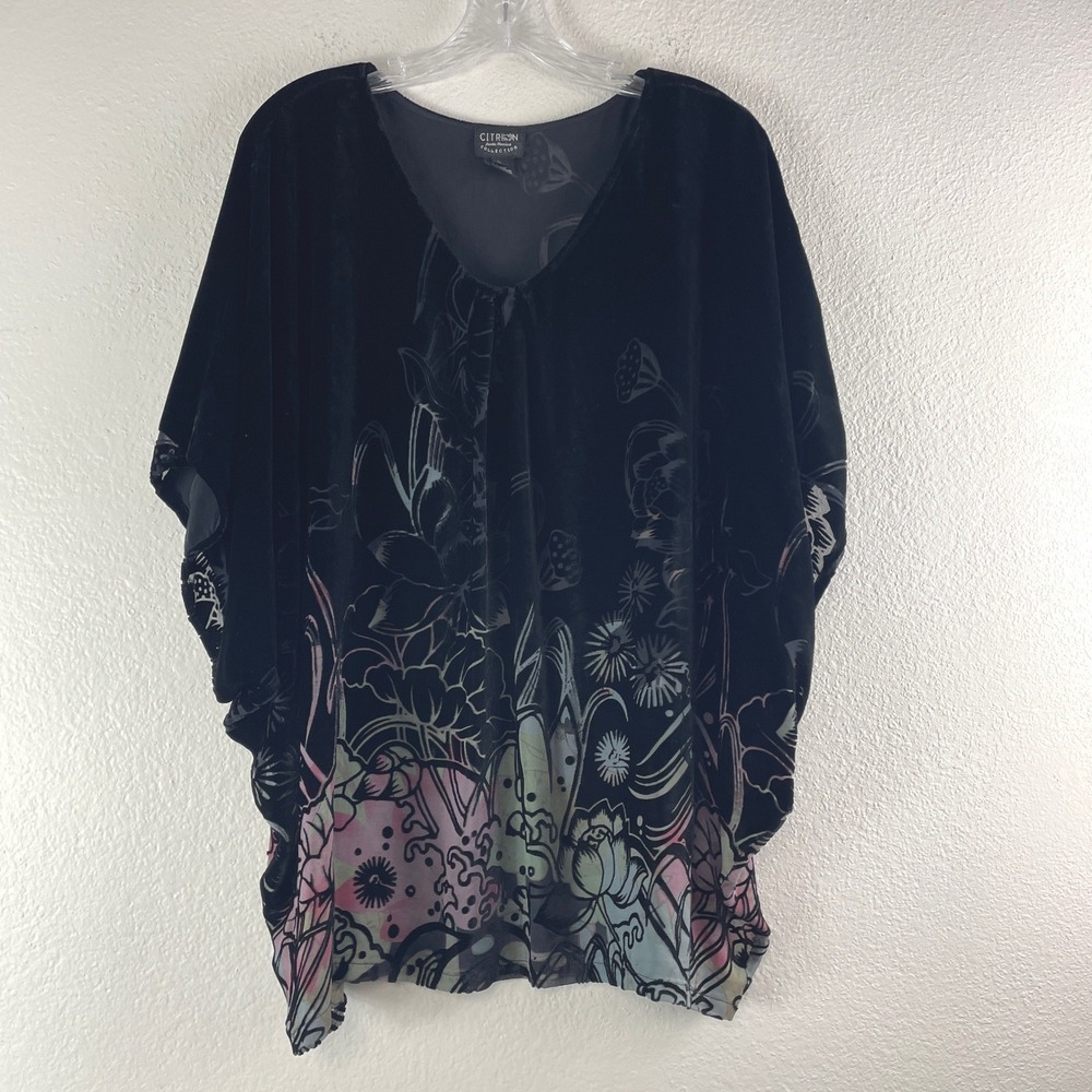Citron Santa Monica Silk Blend Burnout Velvet Floral Top Large Black Boho Artsy